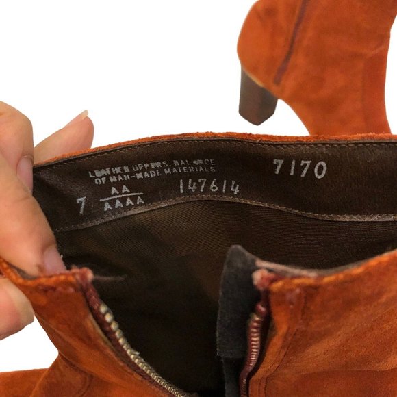 SOLD Vintage 60s Retro Burnt Orange Suede Leather Square Toe Chunky Heel Boots - Picture 12 of 12